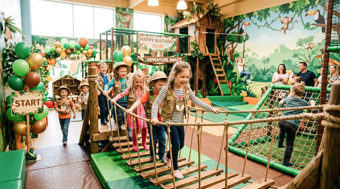 Children on an indoor adventure course