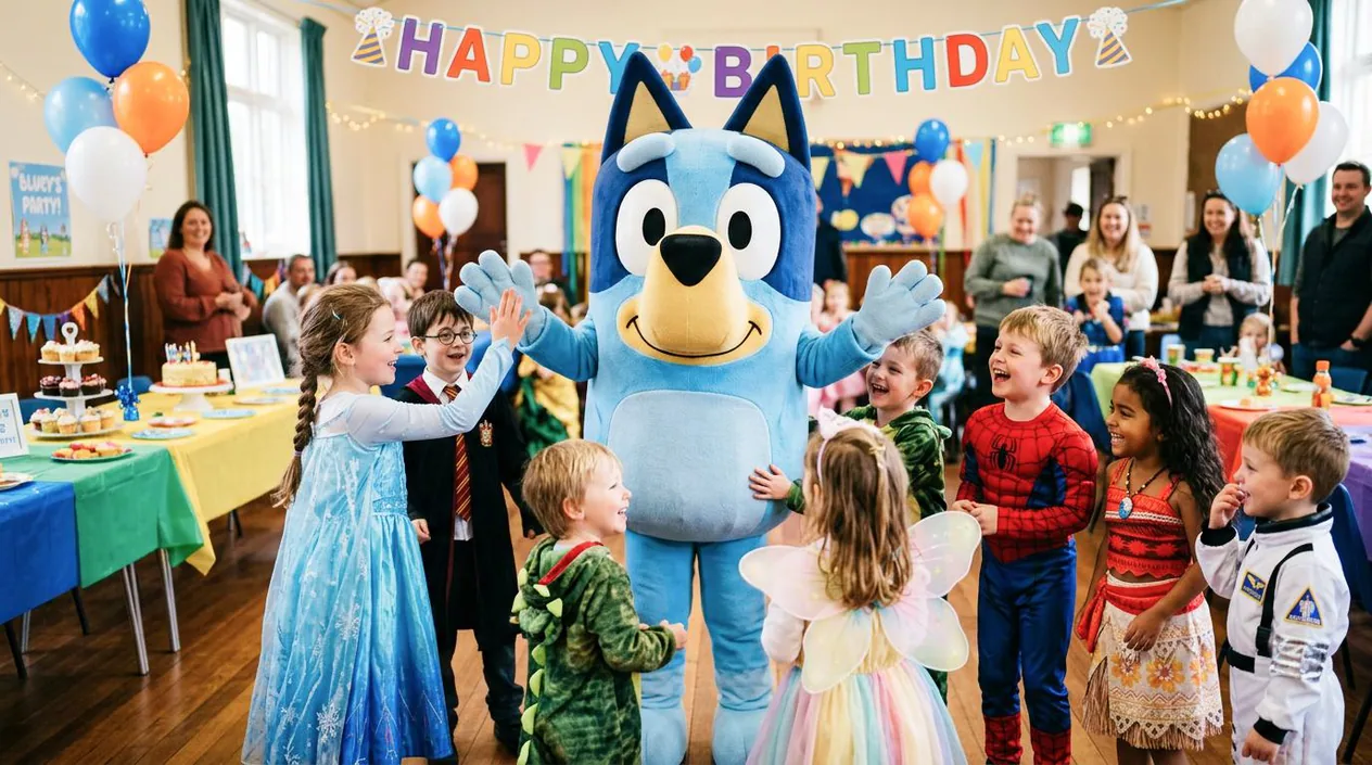 A costumed character entertaining children at a party