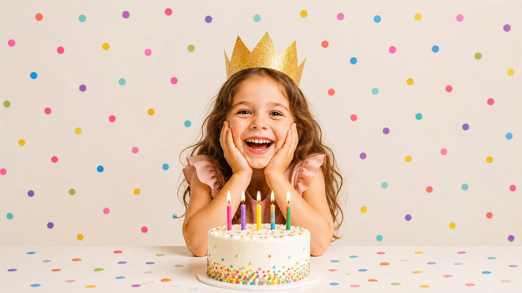Smiling girl in a golden crown behind a birthday cake