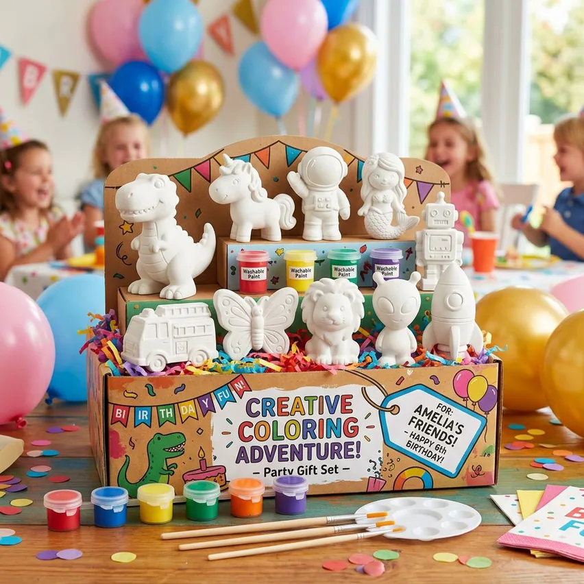 Plaster figurines and paints ready for a craft activity