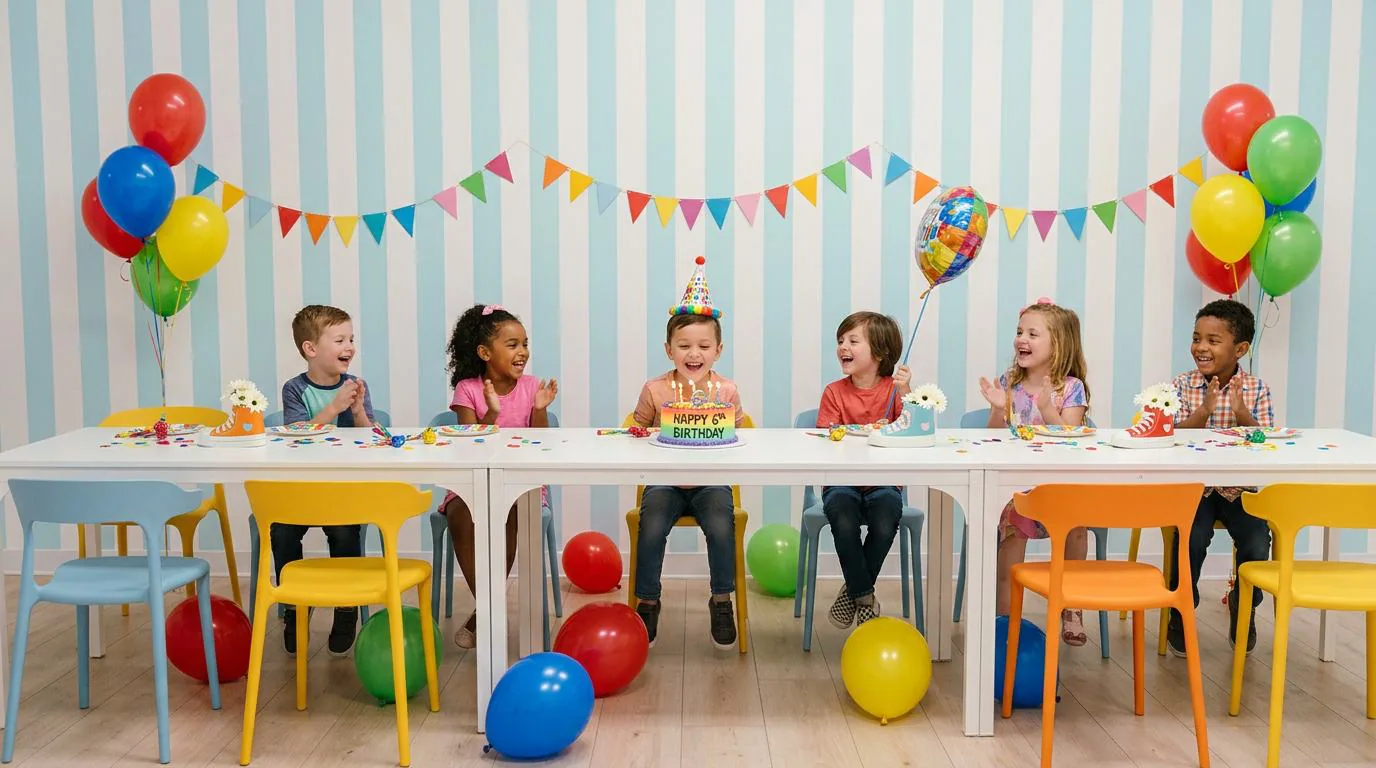 Children clapping at a party table with a birthday cake
